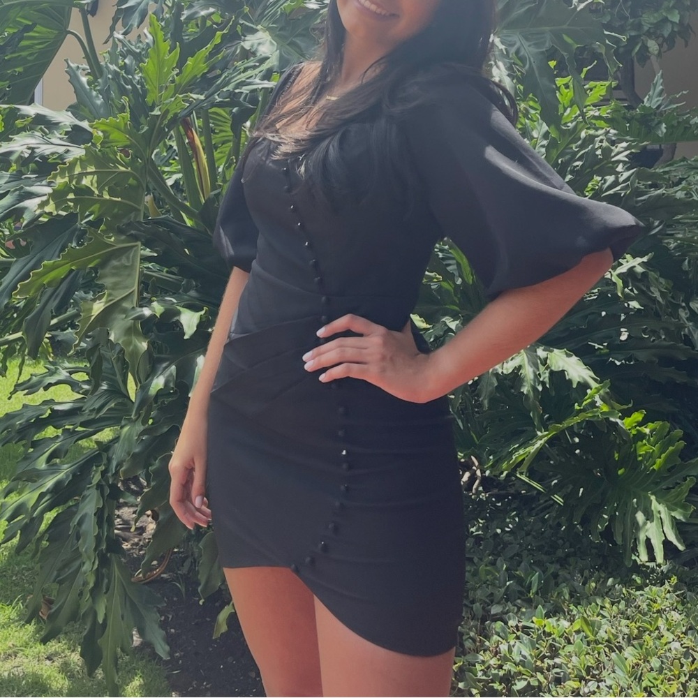 Tea n Cup Black Mini Dress with Button Detail